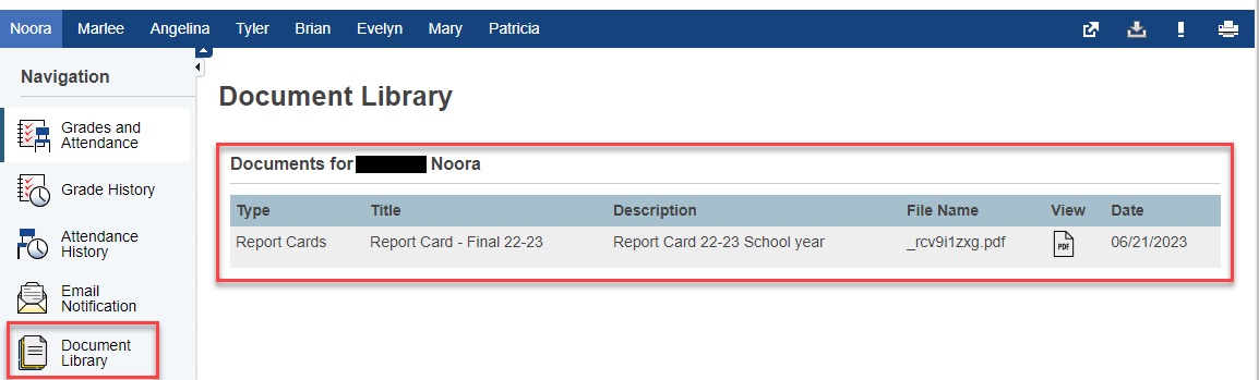 select document library on the left to view report card